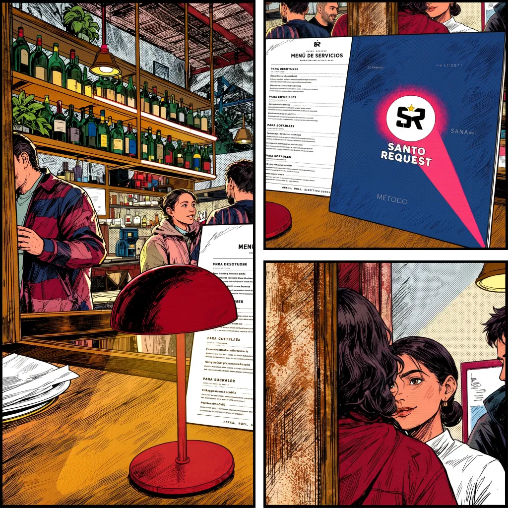Ilustración estilo línea clara compuesta en tres viñetas: a la izquierda el interior del bar con estantes de botellas, una lámpara roja de mesa y una mujer conversando con dos hombres; arriba a la derecha una tarjeta de "Menú de Servicios" con el logo SR de Santo Request; abajo a la derecha un primer plano de la mujer de perfil entre otras personas.