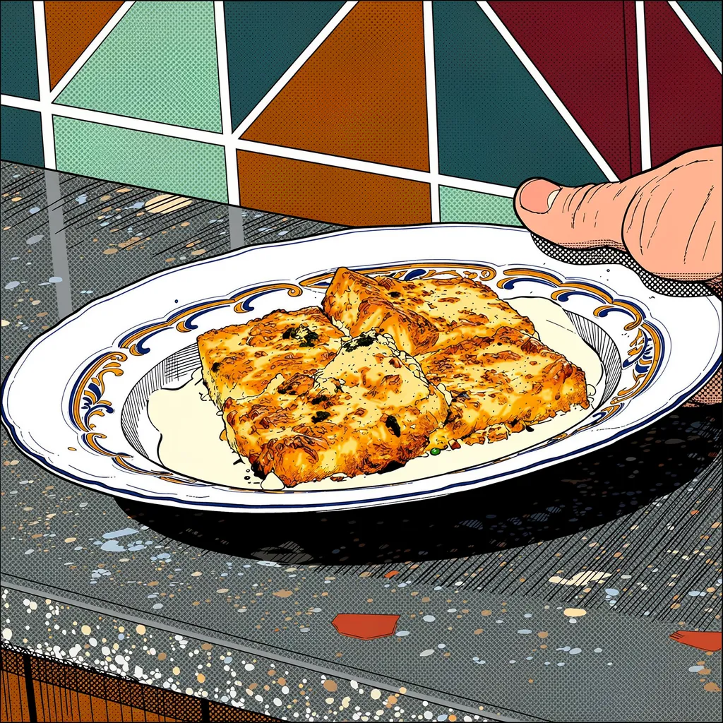 Ilustración estilo línea clara: primer plano de un plato con una porción de comida horneada sobre una mesa, con una pared de azulejos geométricos de colores de fondo y una mano sosteniendo el plato.
