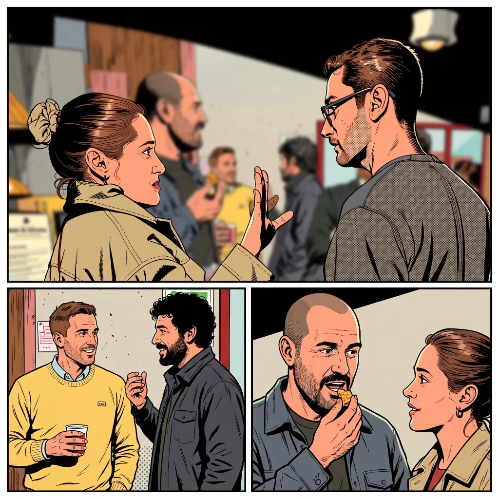 Ilustración estilo línea clara compuesta en tres viñetas de invitados charlando: arriba una mujer conversando con un hombre de anteojos entre gente desenfocada de fondo; abajo a la izquierda dos hombres sonriendo con una bebida en mano; abajo a la derecha un hombre comiendo mientras charla con una mujer.