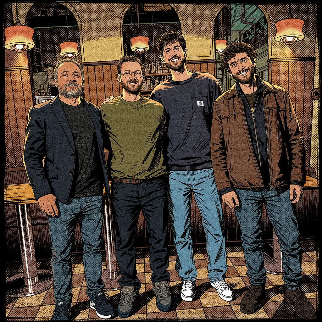 Ilustración estilo línea clara: los cuatro fundadores de Santo Request posando sonrientes de pie dentro del bar, con lámparas cálidas colgantes y estantes de botellas detrás.